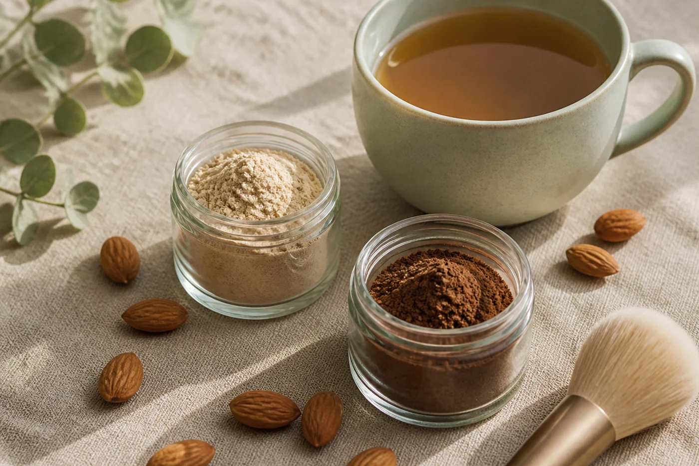Adaptogen powders and herbal tea for a calm beauty routine