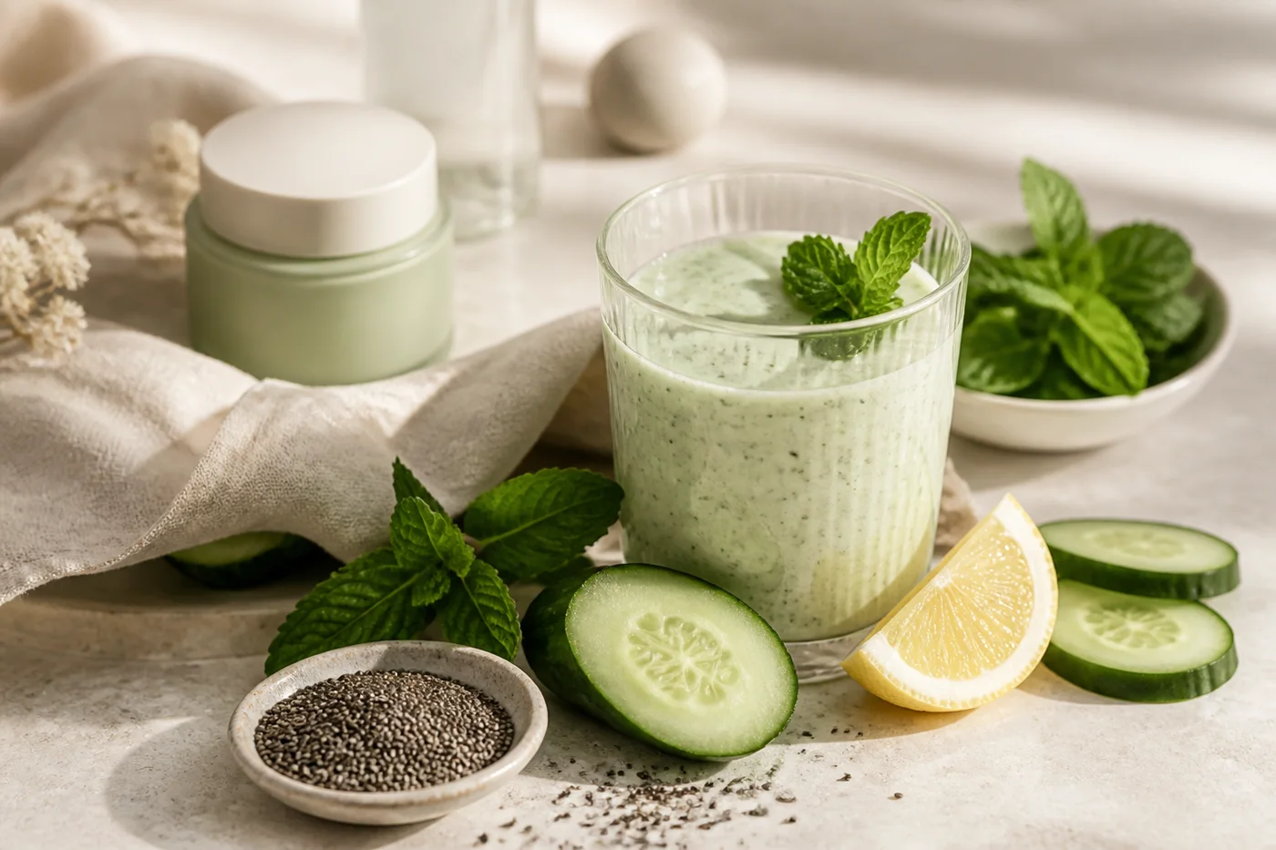 Low sugar beauty drink with cucumber kefir and chia