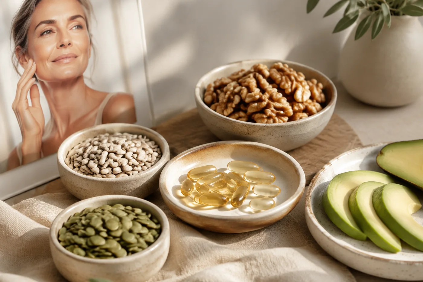 Vitamin E foods and capsules for mature skin