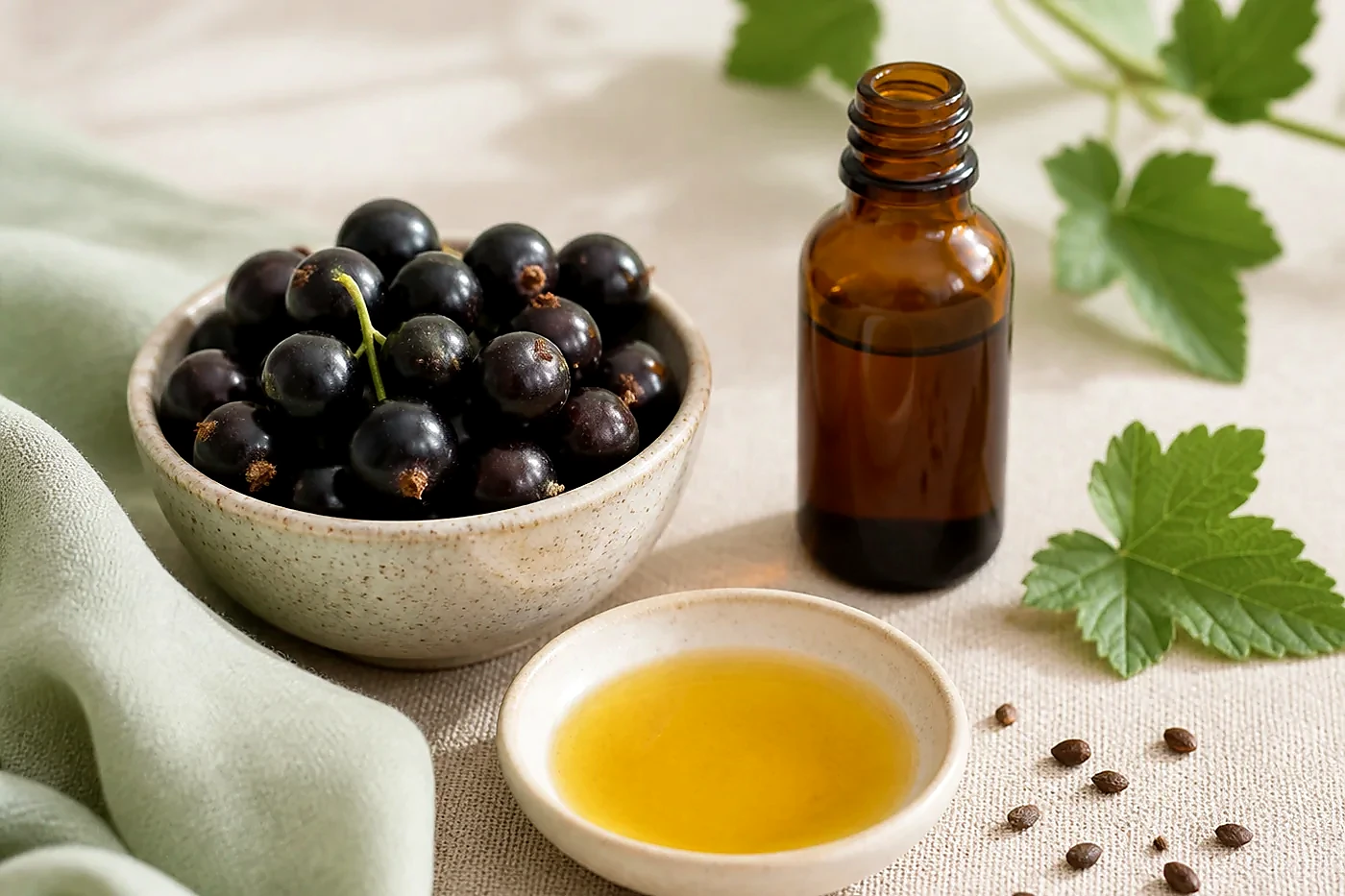 Cranberry seed oil with seeds and amber bottle