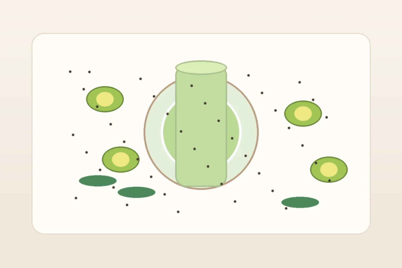 Kiwi cucumber lime smoothie with mint, chia seeds and a soft green Glow Rituals still life.