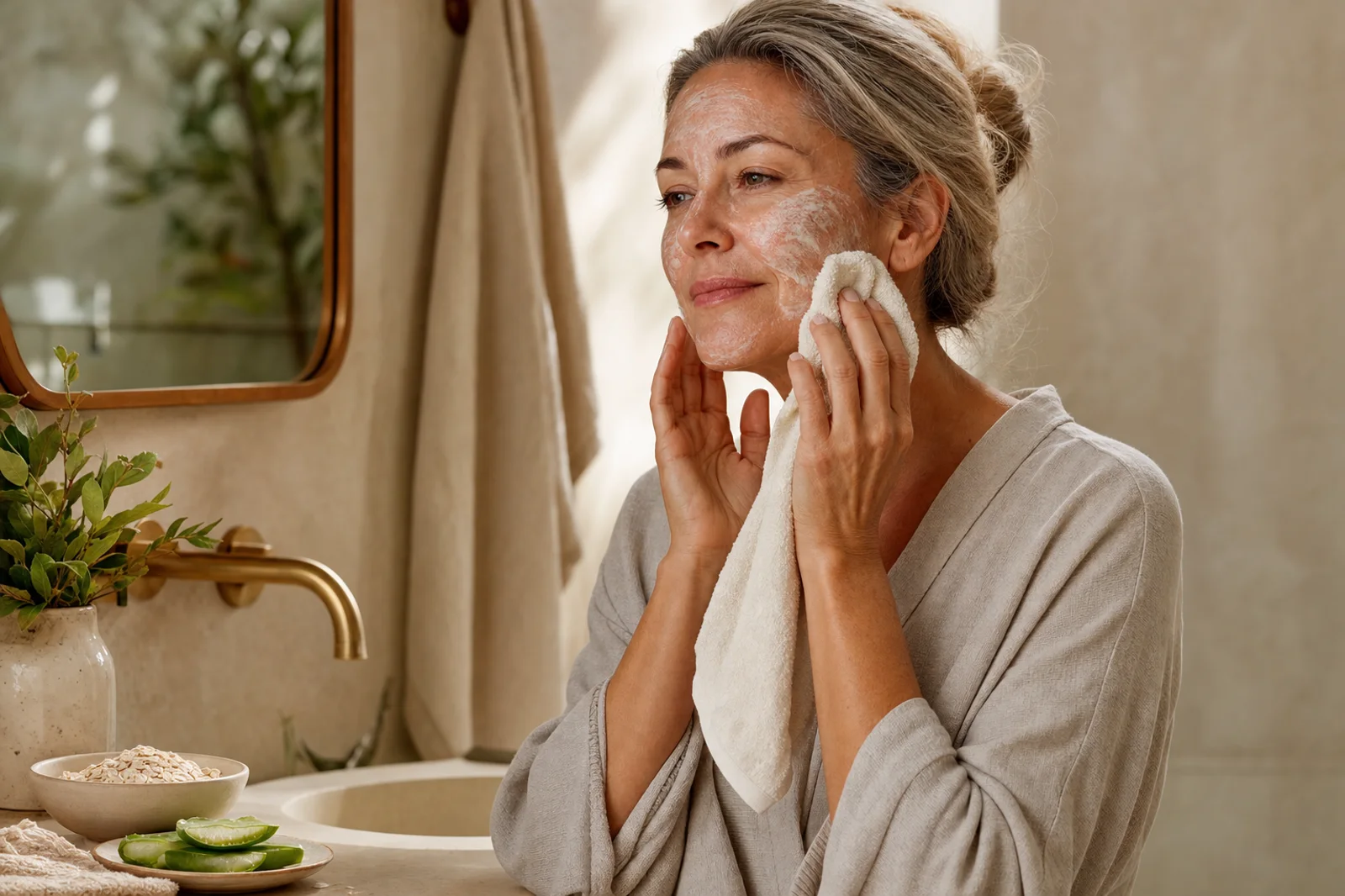 Mature woman gently cleansing dry skin with a soft cloth in a warm Glow Rituals bathroom setting.