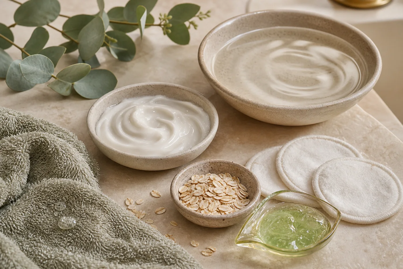 Cream cleanser, damp cloth, oats and aloe arranged as a gentle cleansing routine for dry mature skin.