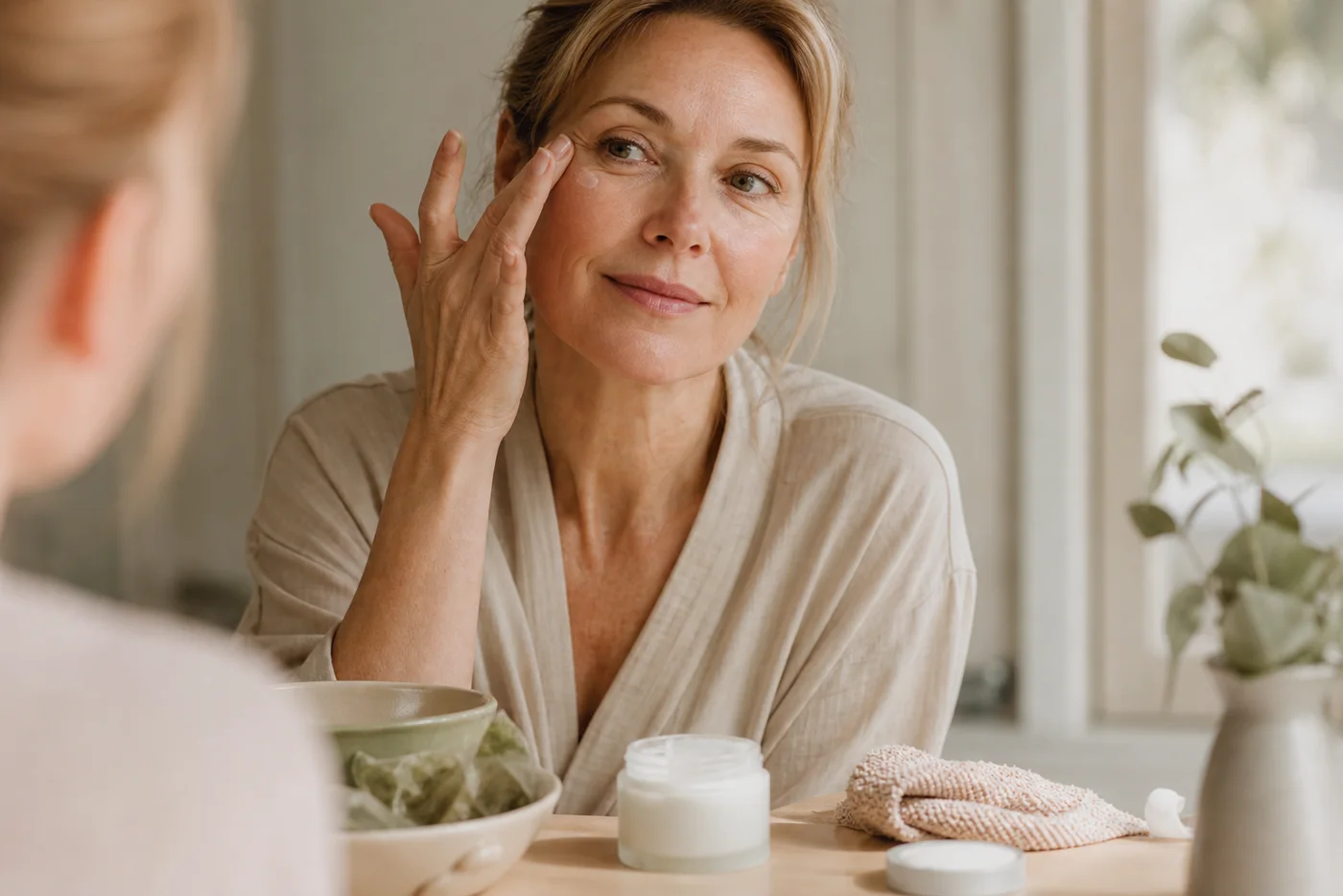 Gentle eye care routine after 40 with a soft towel, green tea compress and eye cream in a calm Glow Rituals skincare setting.