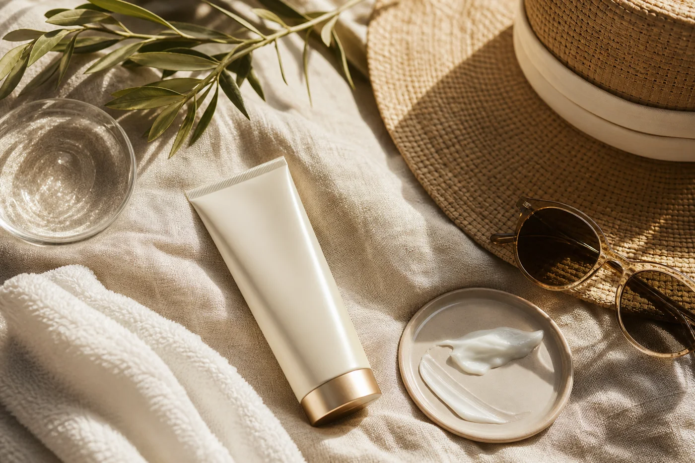Mineral sunscreen, sun hat and sunglasses arranged on a warm cream towel.