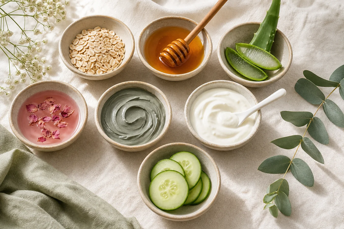Seven natural face mask ingredients arranged in small bowls for mature skin rituals.