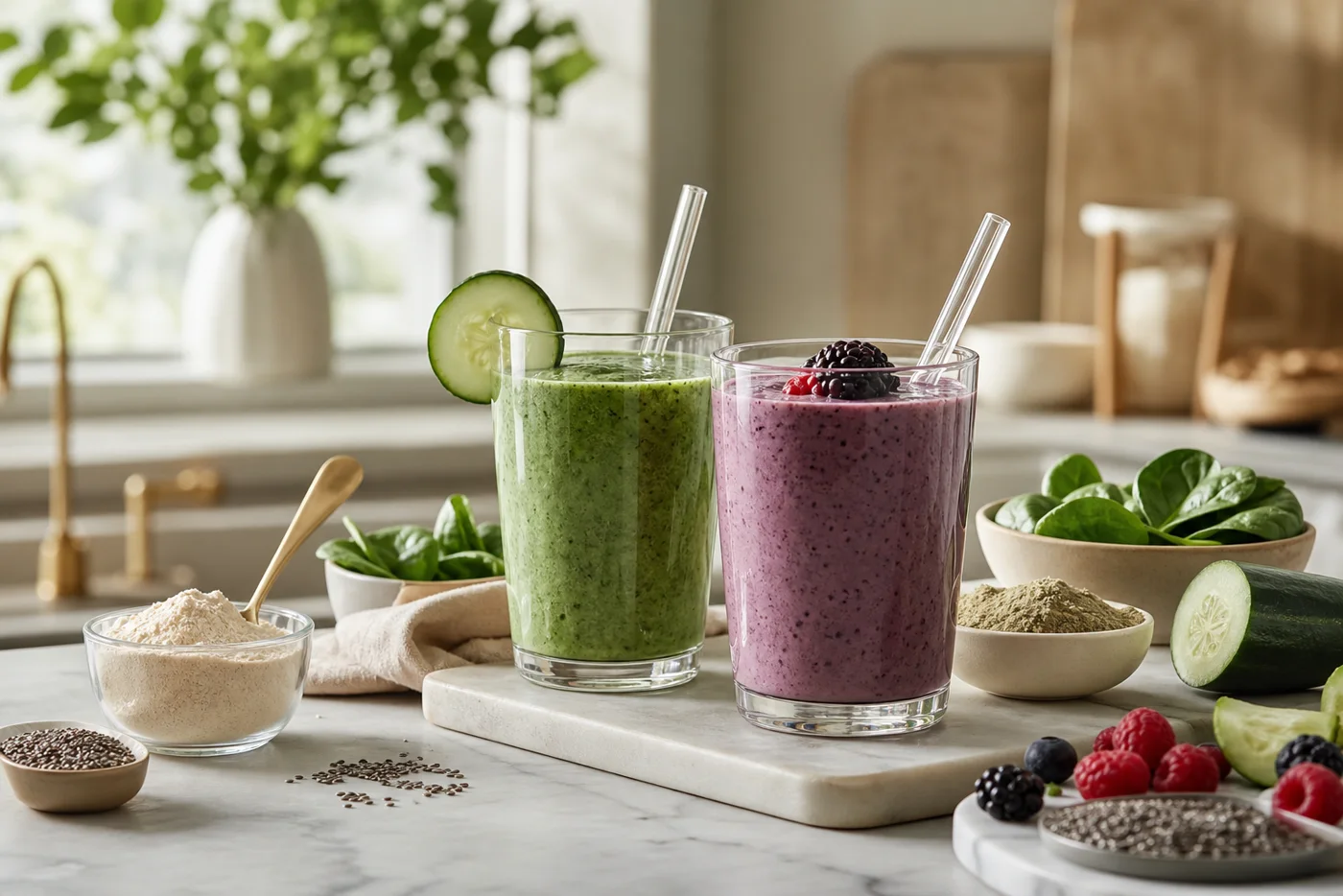 Low-sugar green and berry smoothies with cucumber, greens and chia on a bright kitchen table.