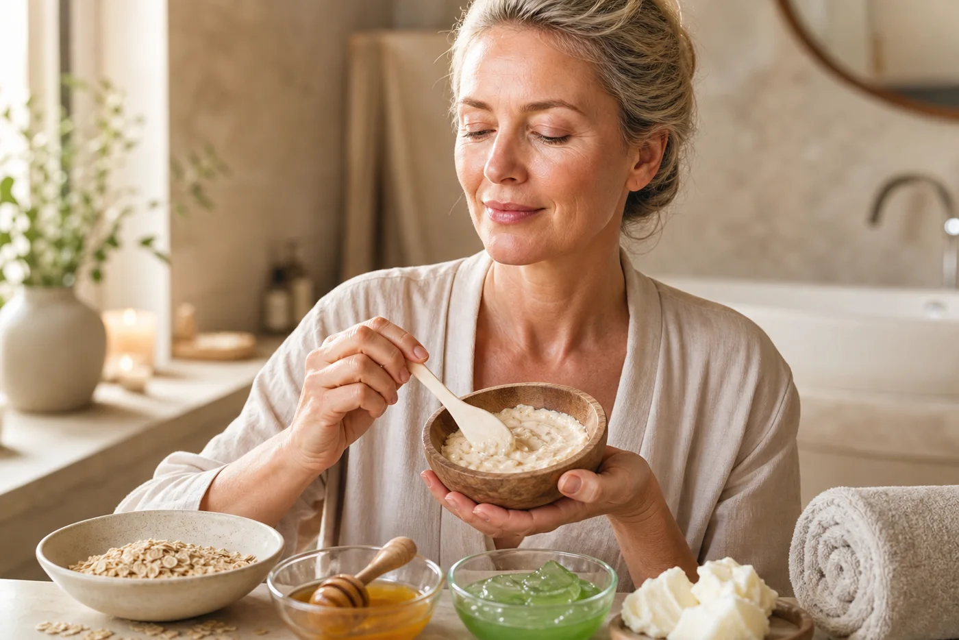 A mature woman preparing a rich comfort face mask with oats, honey and shea butter in soft daylight.