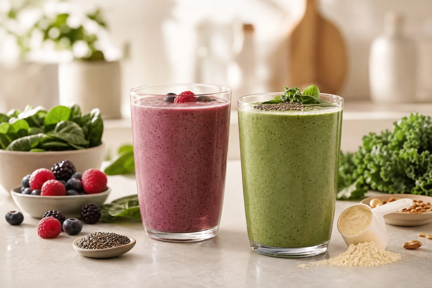 Protein smoothies for women over 40 with berries, greens and a scoop of protein on a bright kitchen counter.