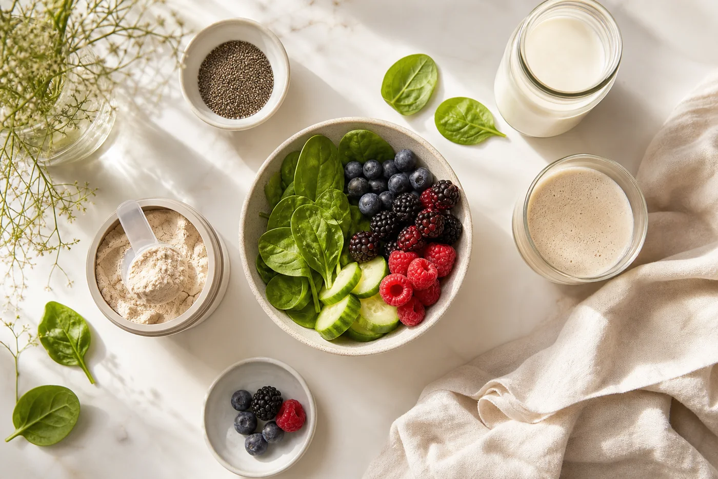 Protein smoothie ingredients with chia seeds, berries, leafy greens and a creamy drink layout