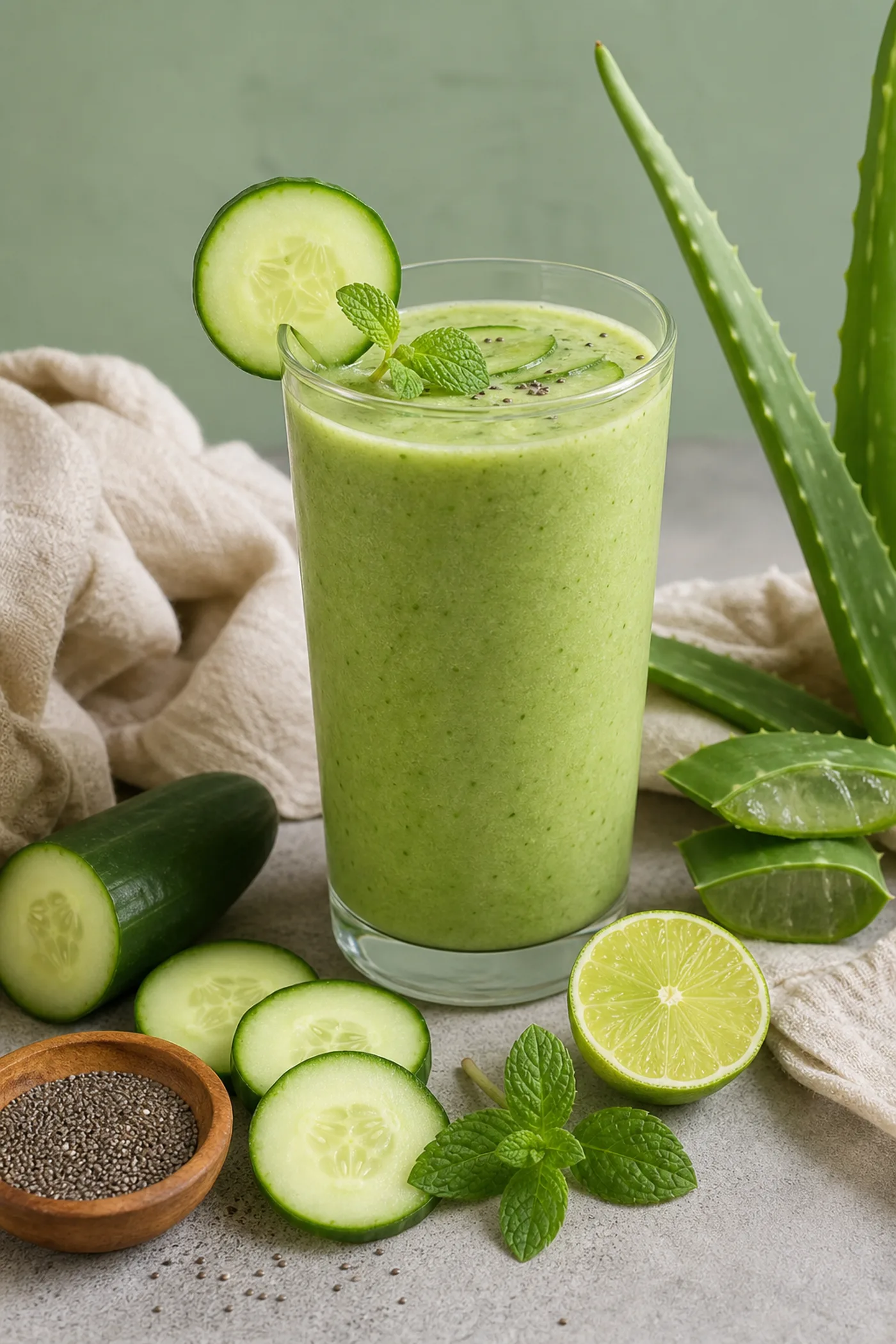 Blueberry cucumber chia skin glow smoothie with cucumber, aloe-style green freshness and chia seeds
