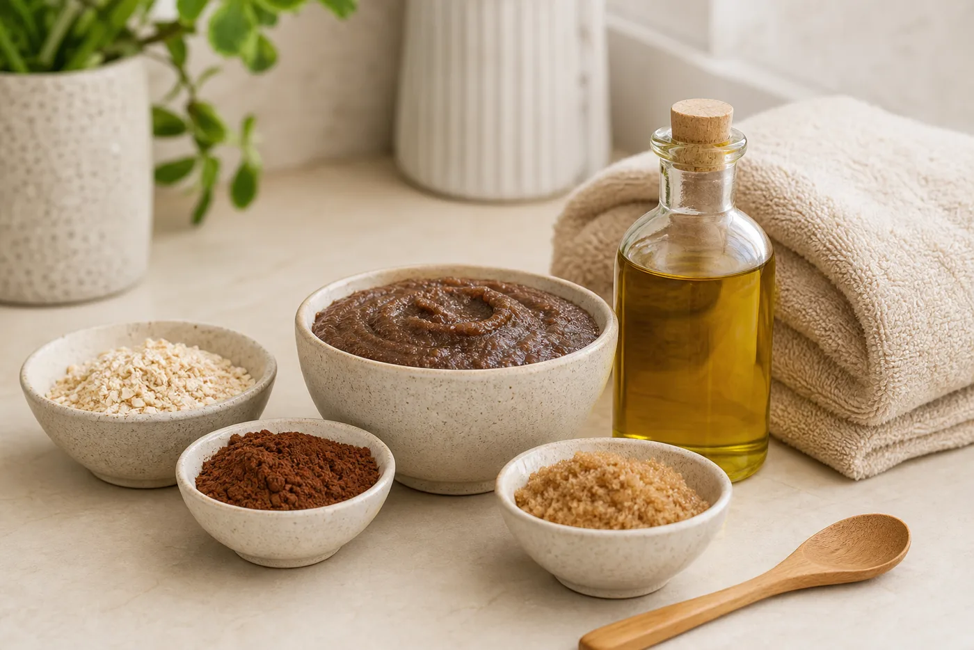 Cocoa Oat Soft Body Polish ingredients in a soft Glow Rituals still life