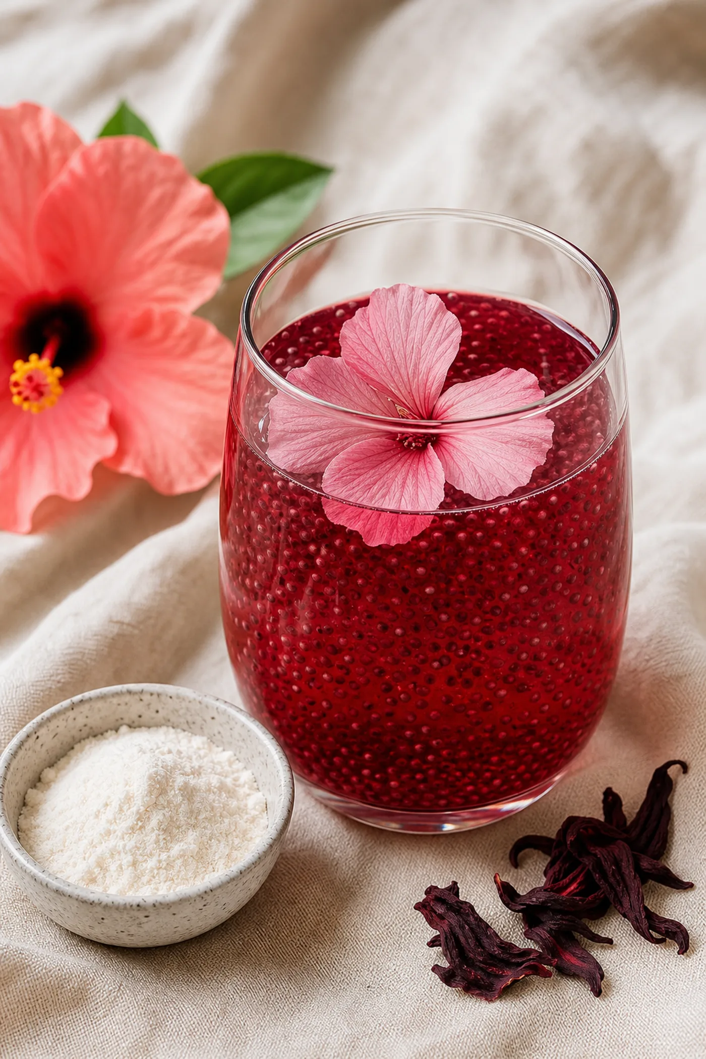Ruby hibiscus collagen chia beauty drink in a glass