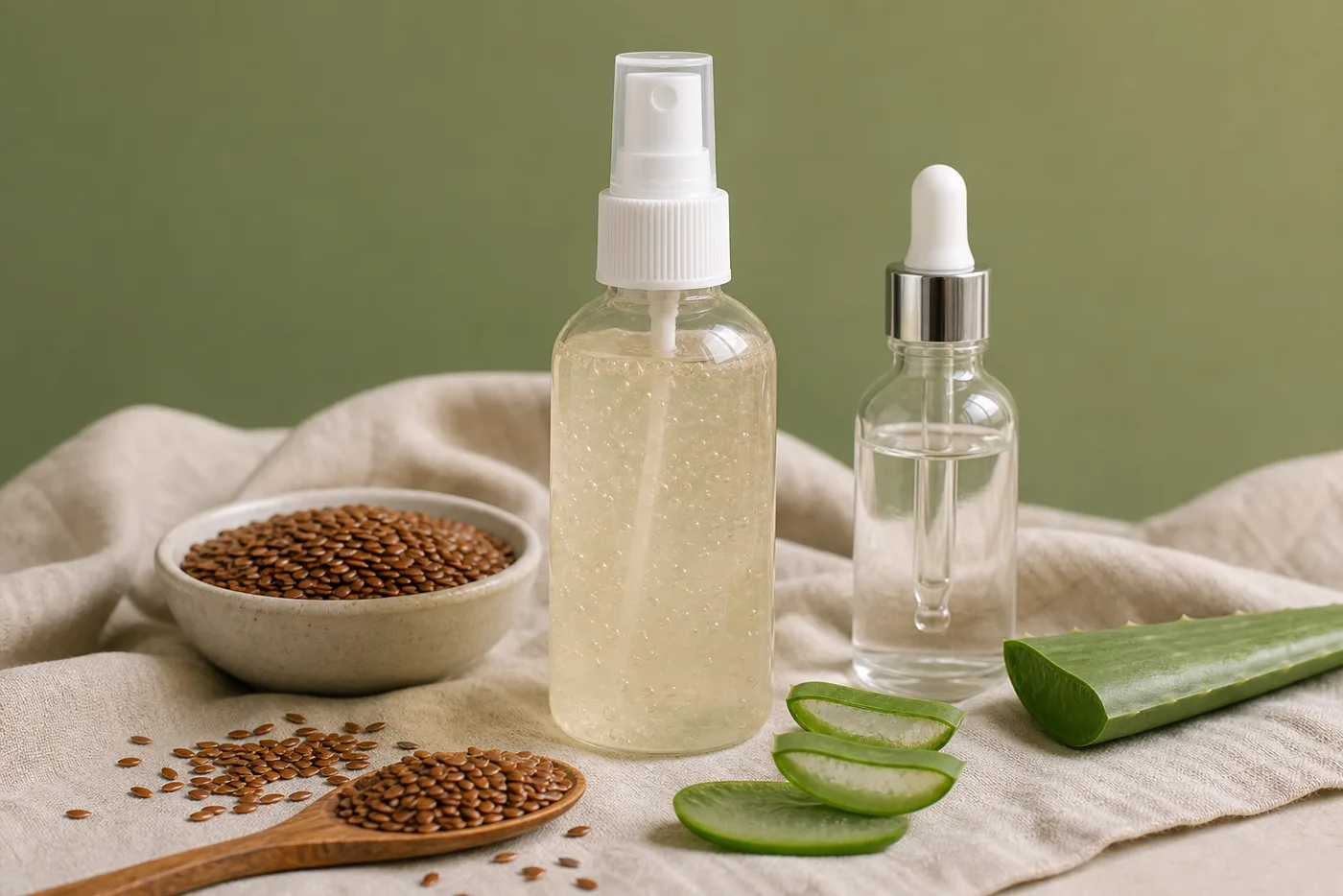 Flaxseed Aloe Curl Refresh Mist ingredients in a clean Glow Rituals still life
