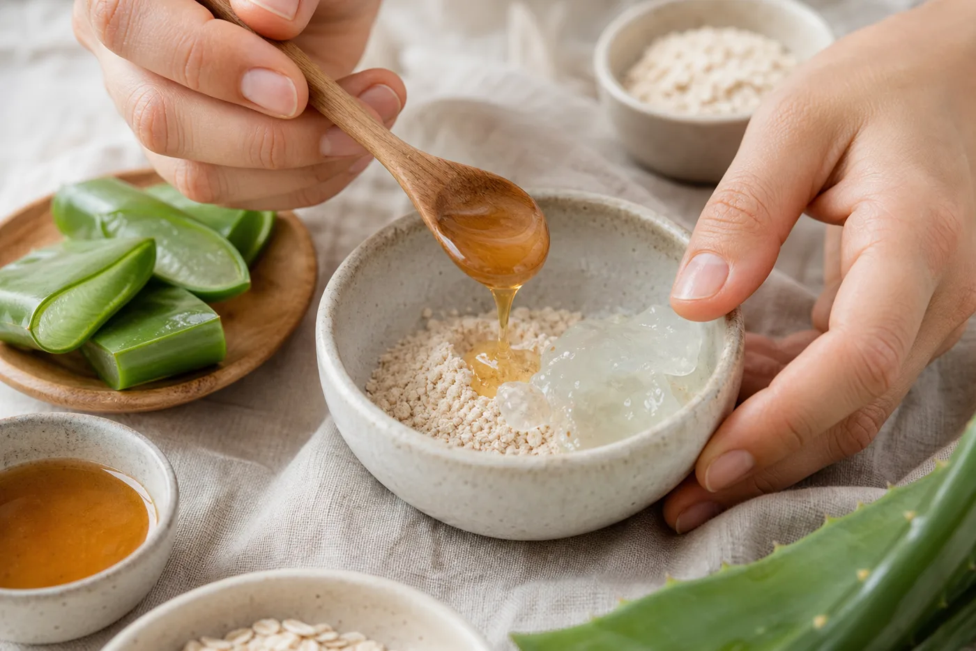 Honey oat and aloe face mask mixed in a ceramic bowl