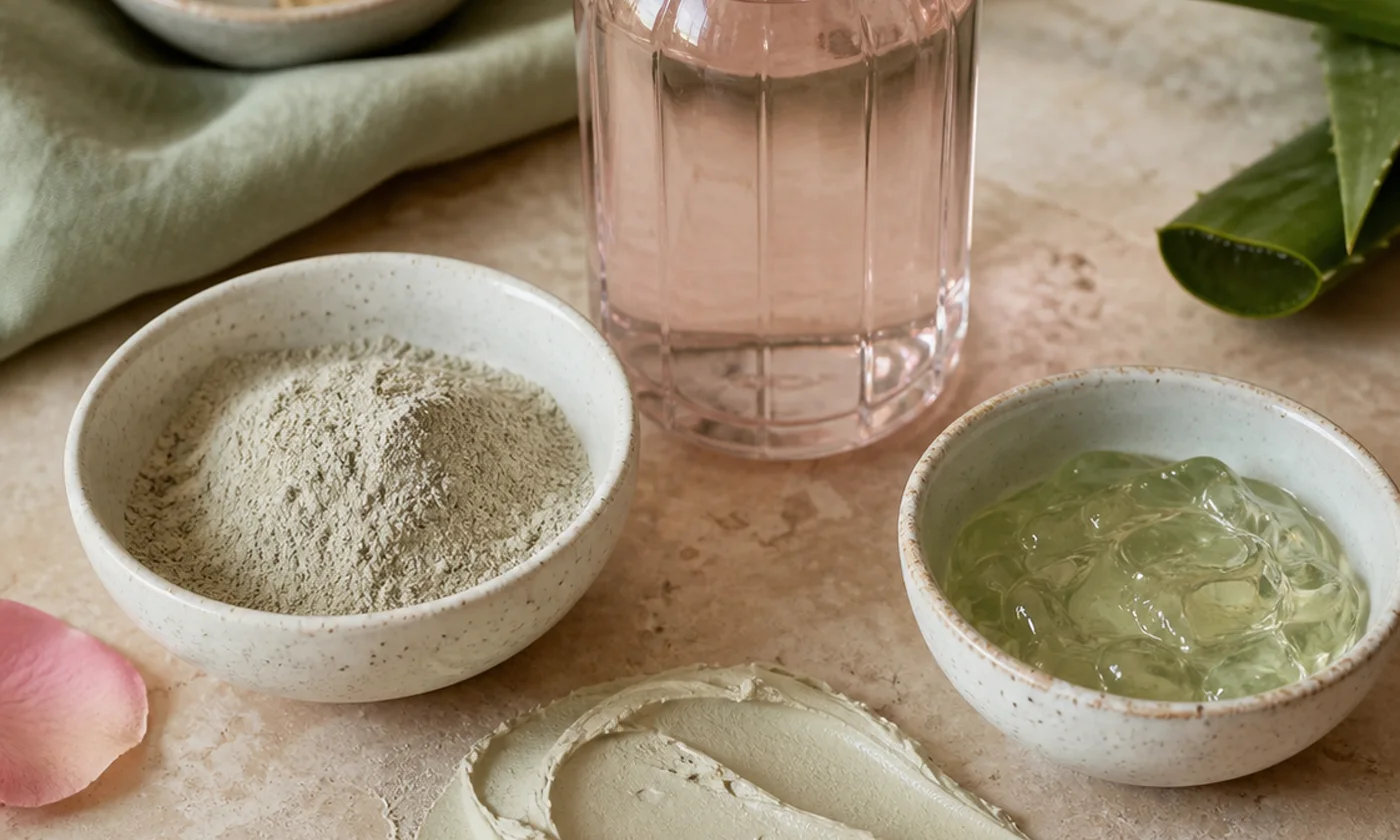Kaolin clay, rose water and aloe prepared for a gentle face mask