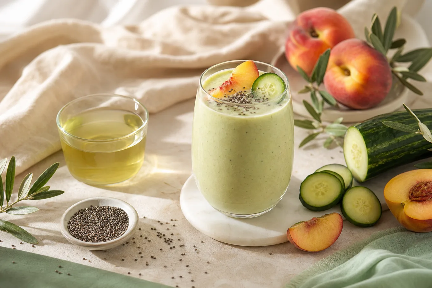 Peach Cucumber Green Tea Glow Smoothie ingredients in a soft Glow Rituals still life