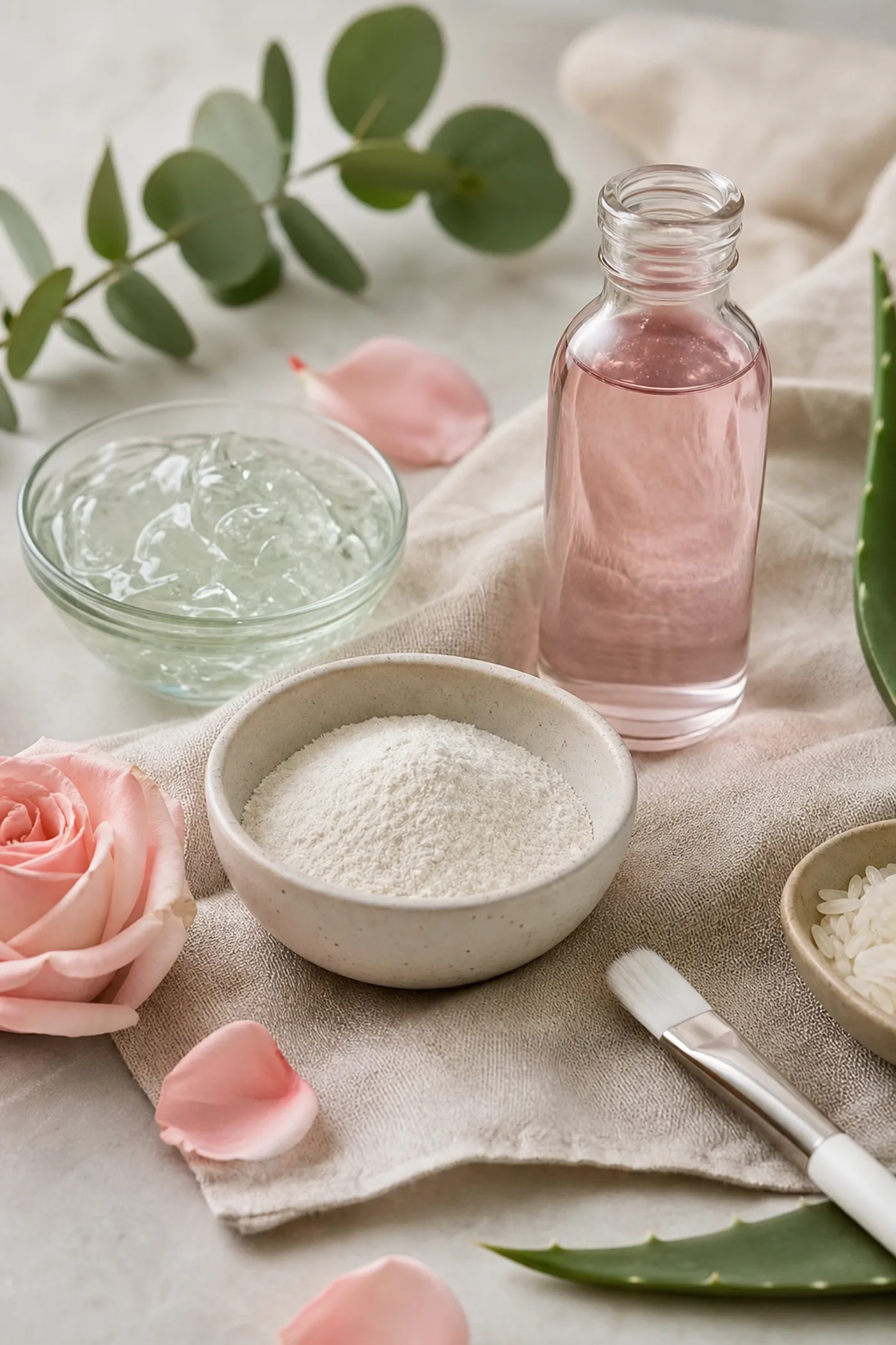 Rice Flour Rose Softening Mask ingredients in a clean Glow Rituals still life