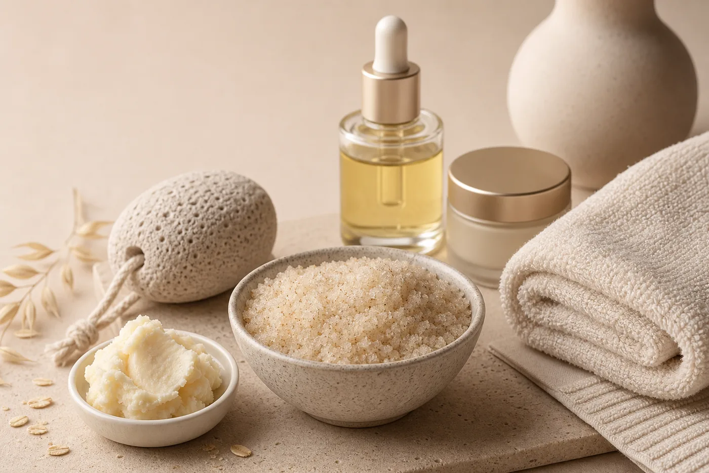 Soft heel scrub and balm ritual with oat sugar polish, shea butter, jojoba oil, towel and pumice stone